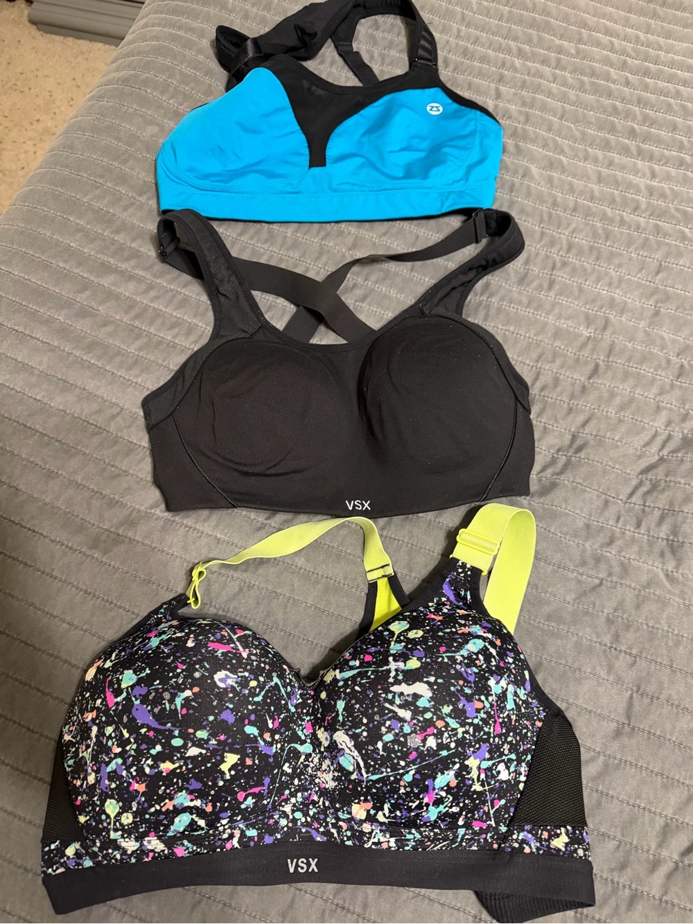 VSX Women’s High-Impact Sports Bra - Black, blue and splatter. All 3 for $30